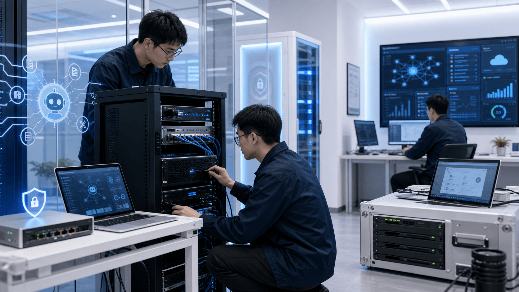 技术人员正在进行 AI 智能体部署服务软硬件部署