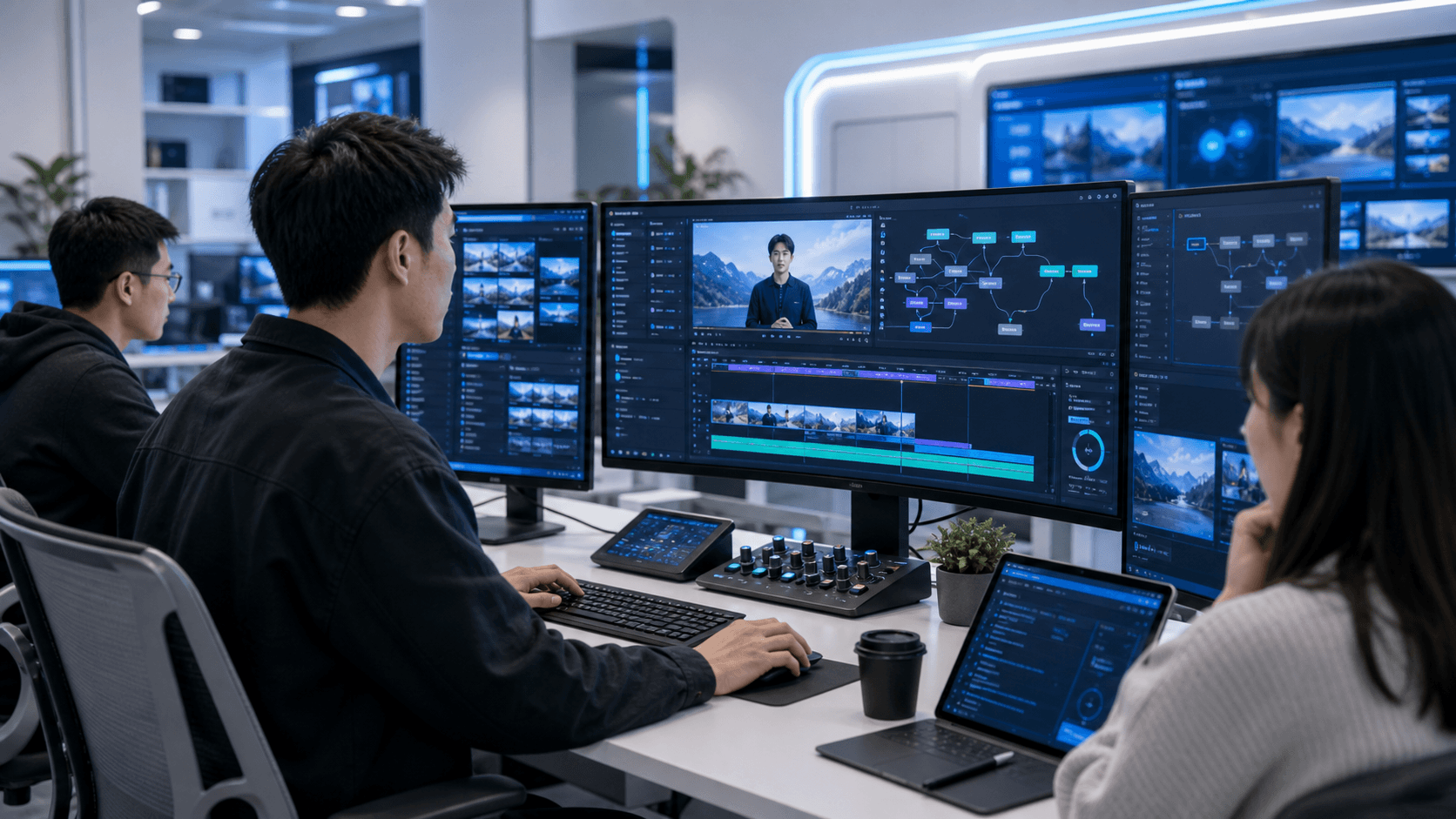 技术人员正在生成 AI 视频服务内容